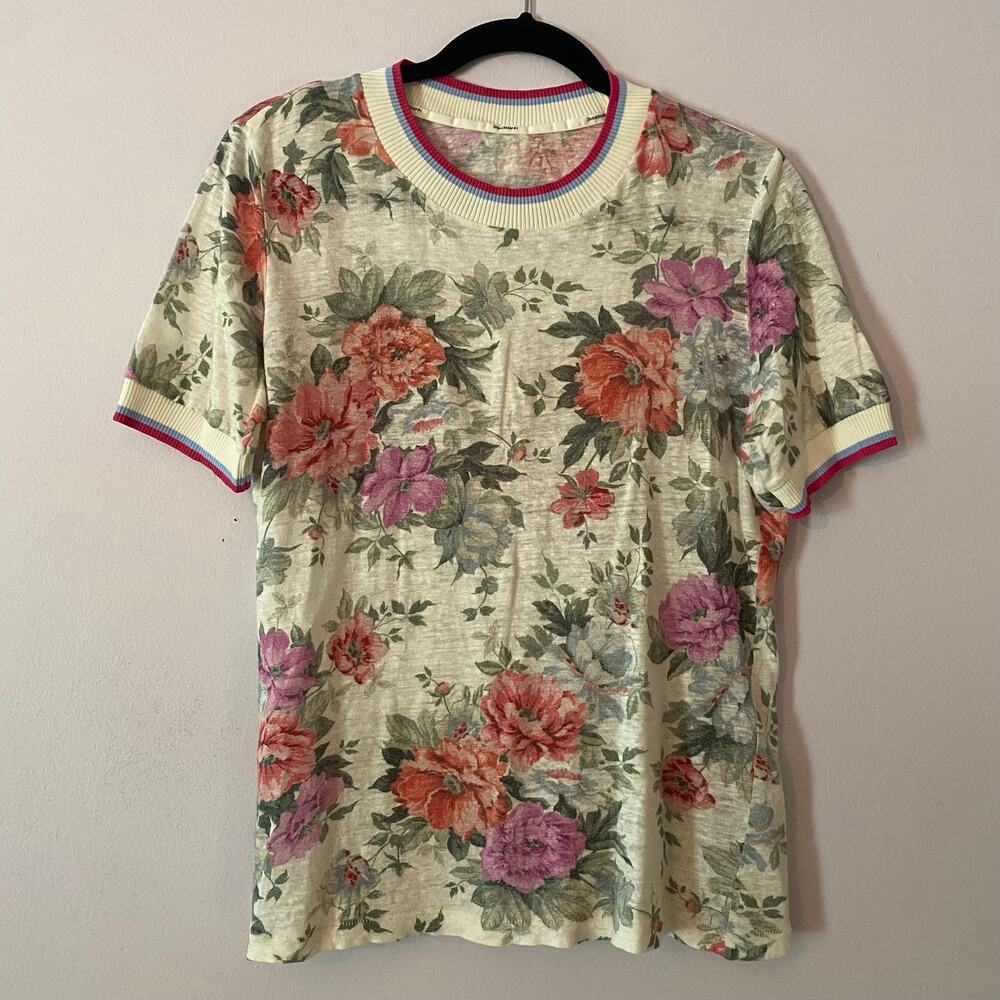 Zimmermann White Pink Floral Linen Short Sleeve Knit Sweater Shirt 1 / Small